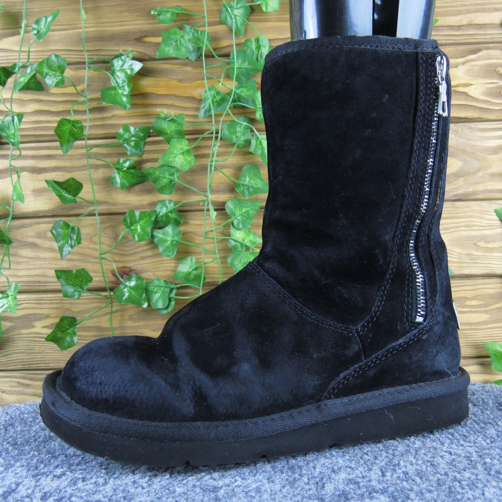UGG Mayfaire Women 6 Black Suede Sheepskin Lined Zip Comfort Warm Winter‎ Boots